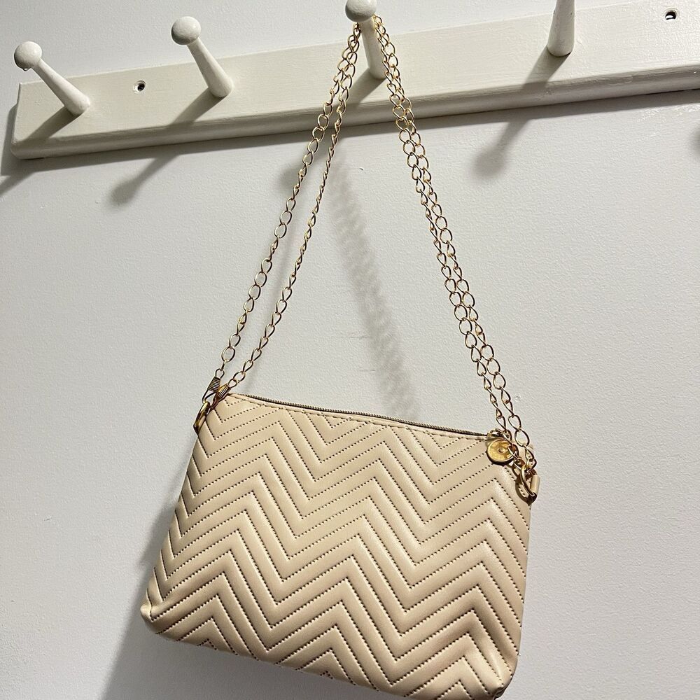 7.5”x6” Beige Tan Leather Purse Clutch‎ Shoulder Cross Body Bag gold chain strap